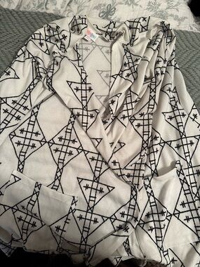 LuLaRoe Cream Hoodie Cardigan with Black Geometric Print